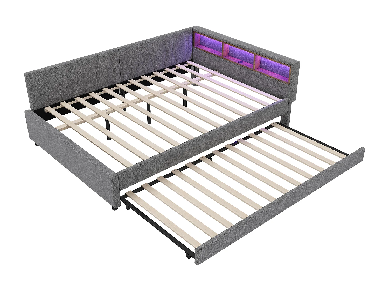 Uitschuifbed 140x200 cm - Volwassen bed met LED-verlichting en USB-oplader - open opbergruimte - grijs linnen