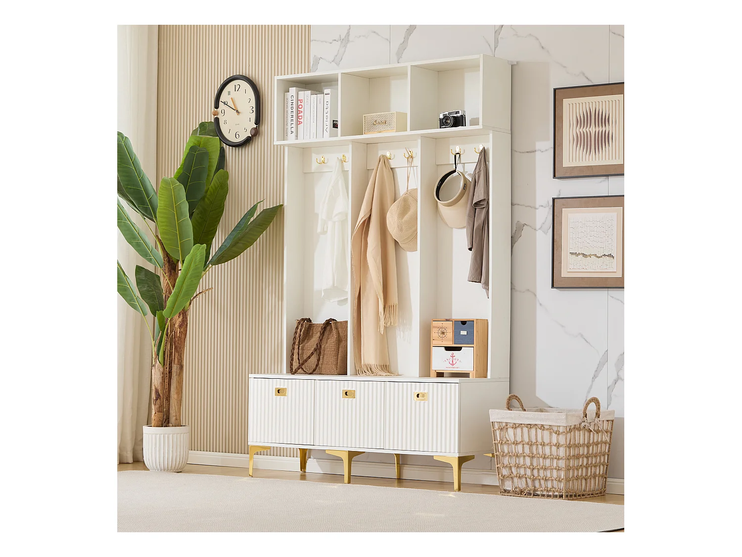 Vestiaire blanc - Porte manteau avec 6 crochets dorés et 3 portes - banc de rangement et 3 compartiments ouverts