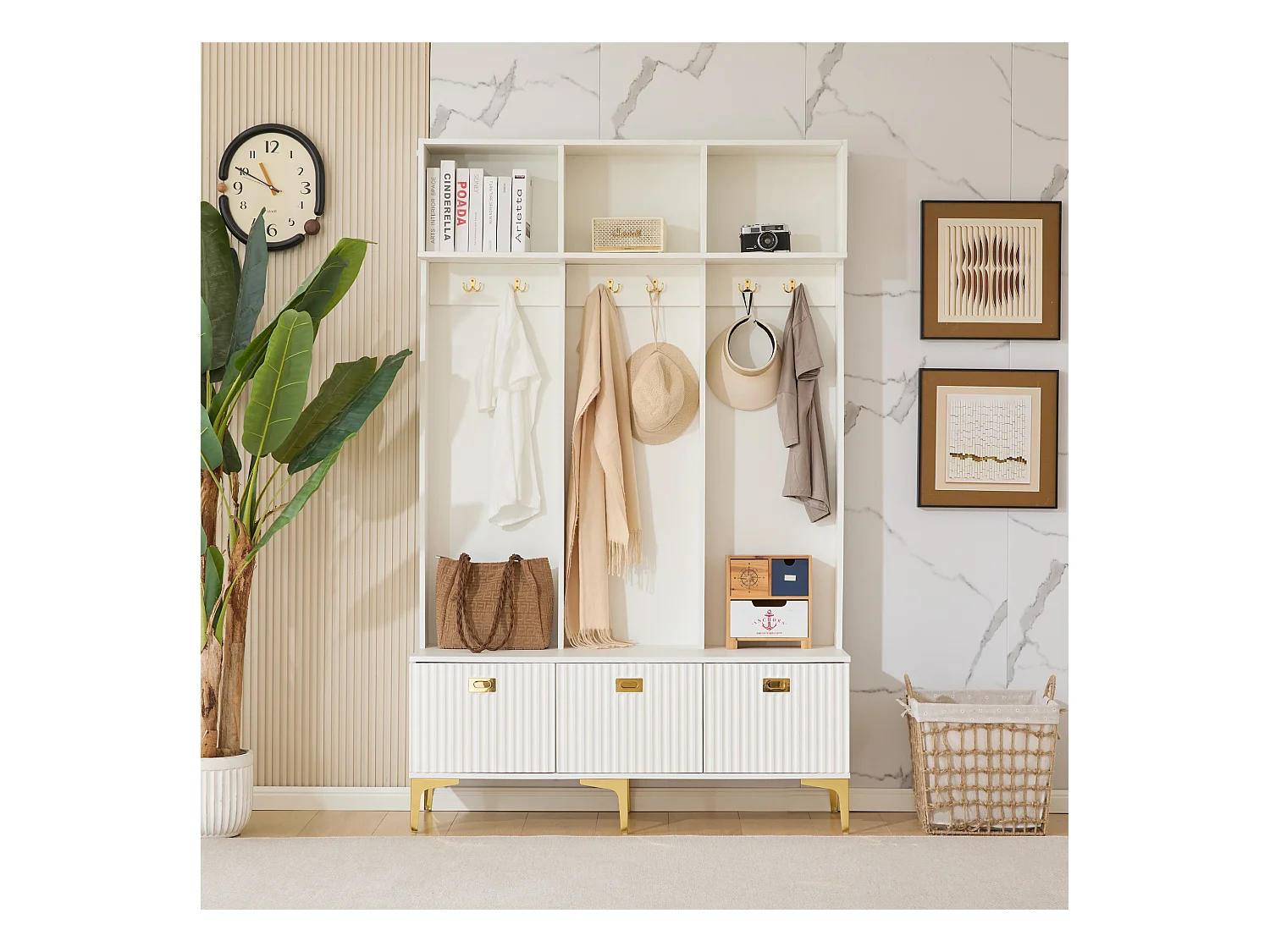 Vestiaire blanc - Porte manteau avec 6 crochets dorés et 3 portes - banc de rangement et 3 compartiments ouverts