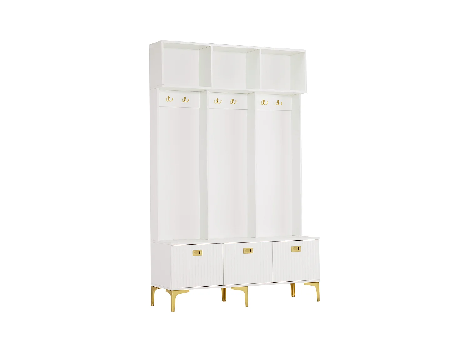 Vestiaire blanc - Porte manteau avec 6 crochets dorés et 3 portes - banc de rangement et 3 compartiments ouverts