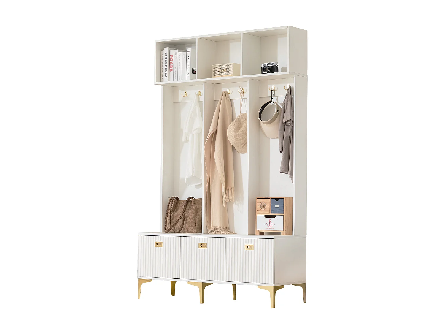 Appendiabiti bianco con 6 ganci dorati e 3 ante - panca contenitore e 3 scomparti aperti