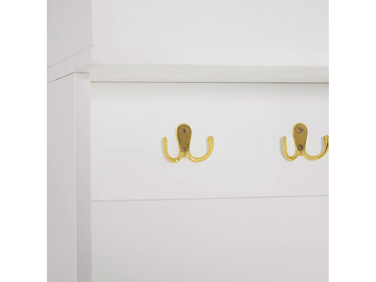Appendiabiti bianco con 6 ganci dorati e 3 ante - panca contenitore e 3 scomparti aperti