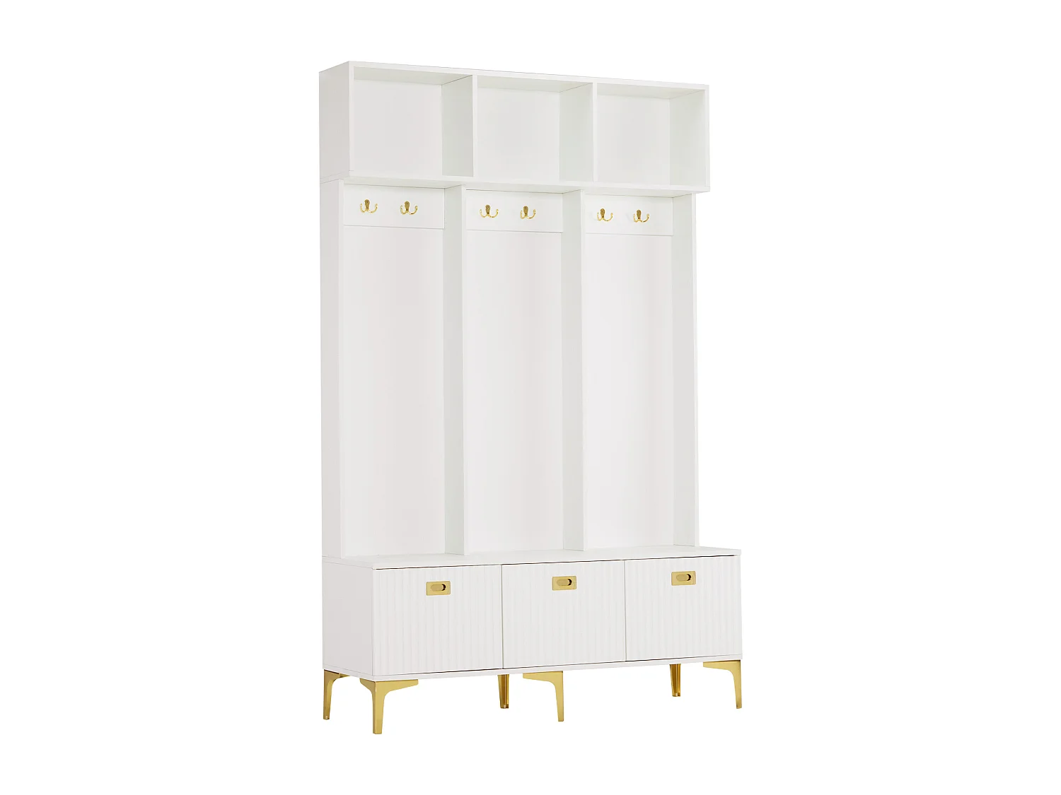 Appendiabiti bianco con 6 ganci dorati e 3 ante - panca contenitore e 3 scomparti aperti