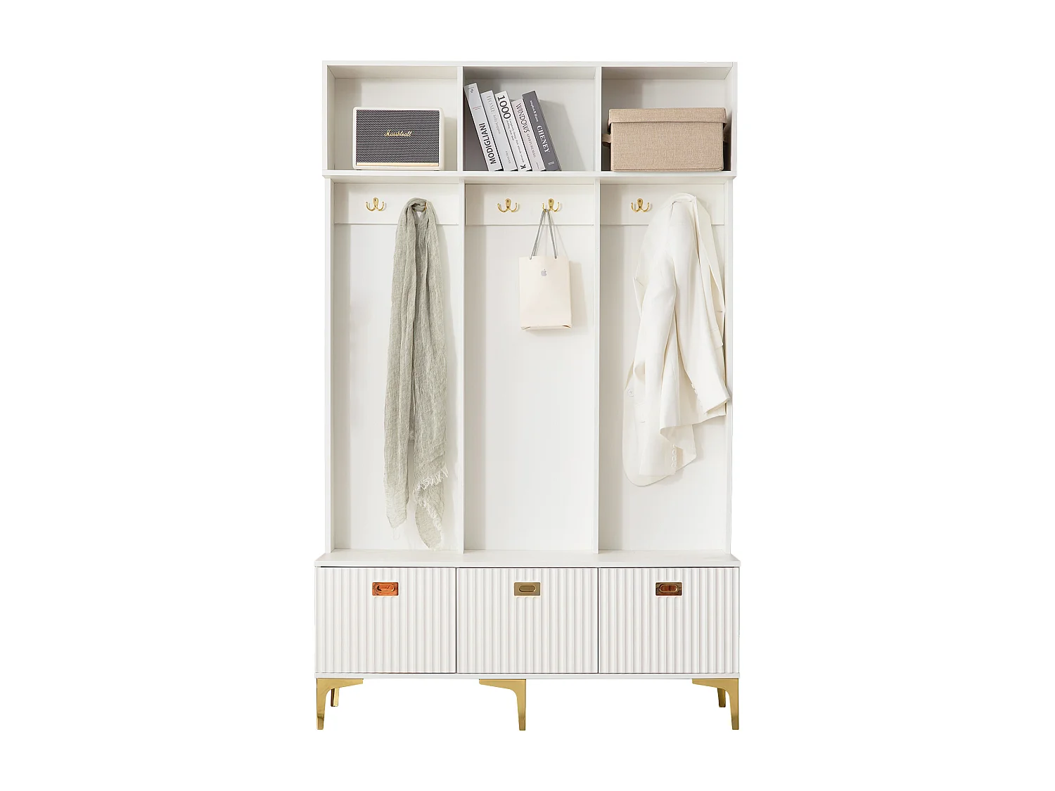 Appendiabiti bianco con 6 ganci dorati e 3 ante - panca contenitore e 3 scomparti aperti