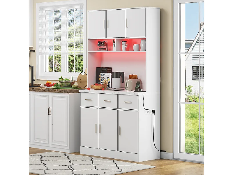 Buffet haut blanc - Buffet avec 6 portes et 3 tiroirs - lumière LED et chargement USB - pour cuisine et salle à manger