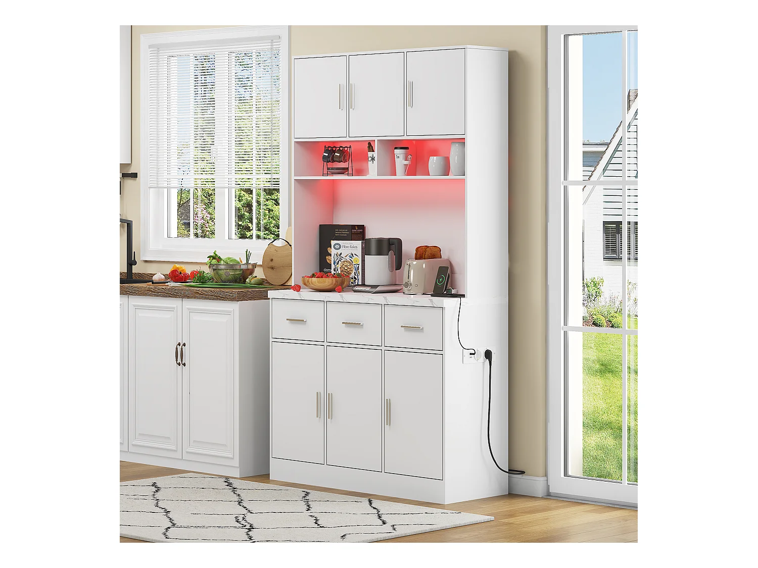 Buffet haut blanc - Buffet avec 6 portes et 3 tiroirs - lumière LED et chargement USB - pour cuisine et salle à manger