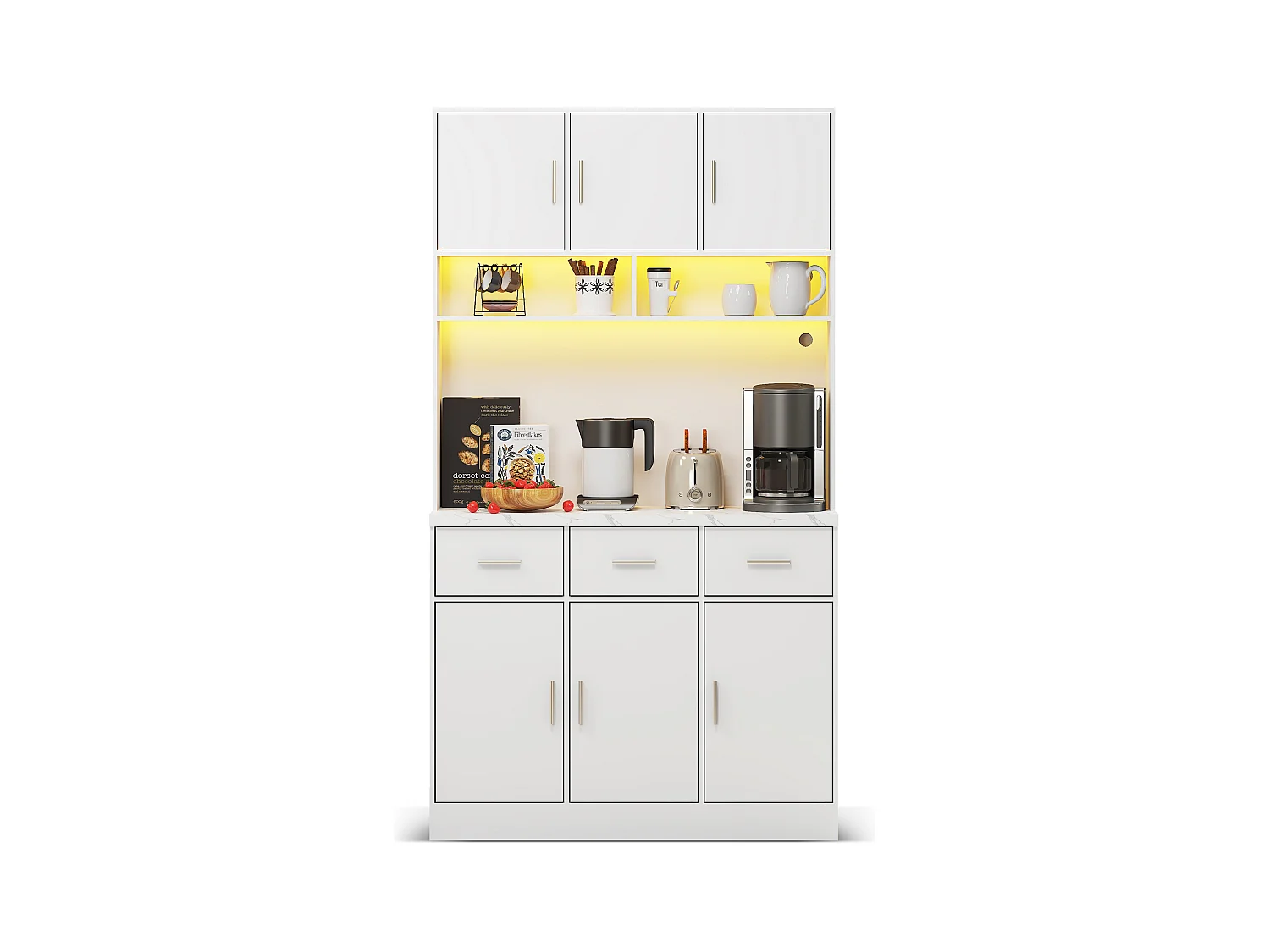 Buffet haut blanc - Buffet avec 6 portes et 3 tiroirs - lumière LED et chargement USB - pour cuisine et salle à manger