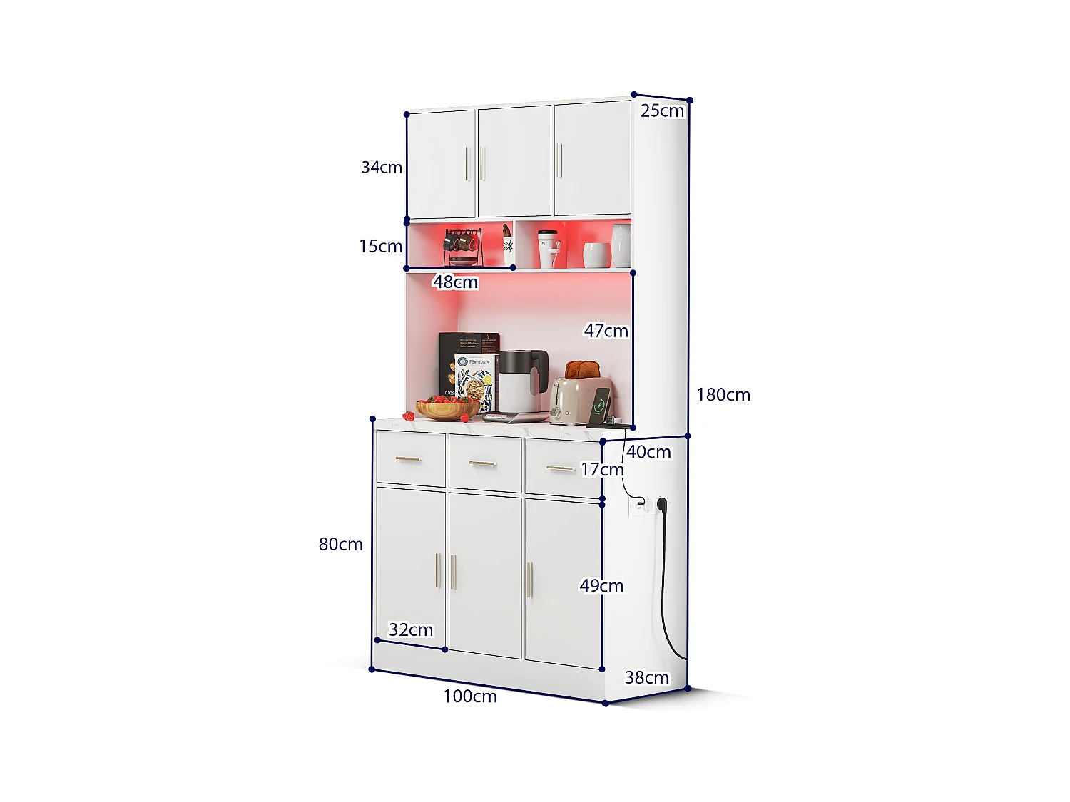 Buffet haut blanc - Buffet avec 6 portes et 3 tiroirs - lumière LED et chargement USB - pour cuisine et salle à manger