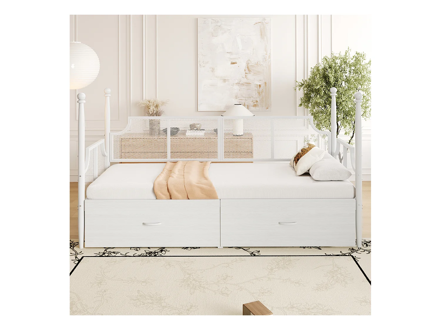 Lit enfant 90x200 cm - Lit simple avec dossier et 2 tiroirs - blanc