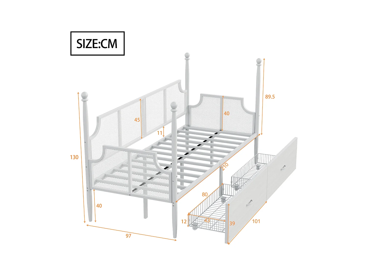 Lit enfant 90x200 cm - Lit simple avec dossier et 2 tiroirs - blanc