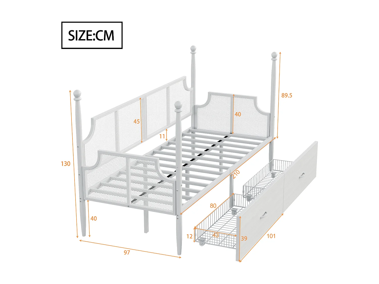 Lit enfant 90x200 cm - Lit simple avec dossier et 2 tiroirs - blanc