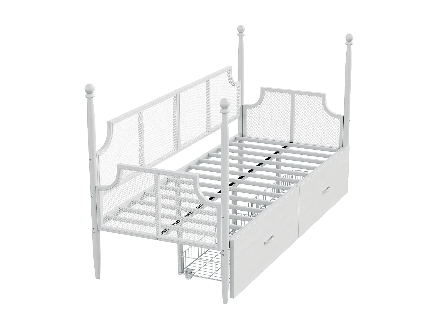 Lit enfant 90x200 cm - Lit simple avec dossier et 2 tiroirs - blanc