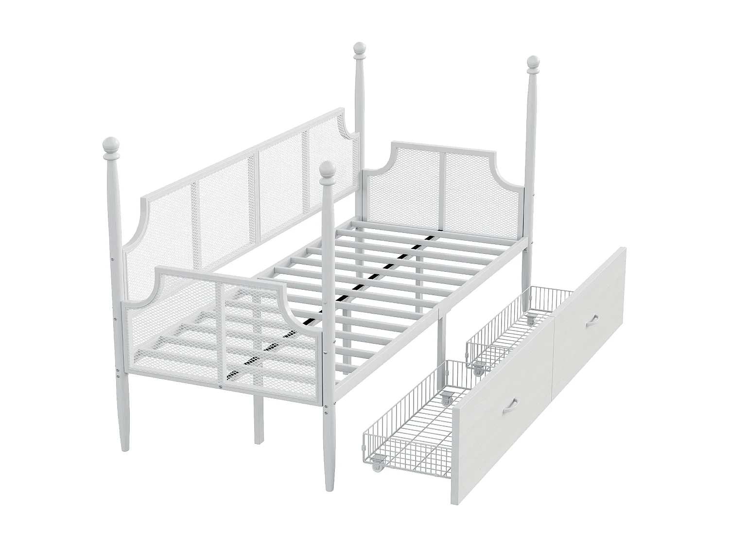 Lit enfant 90x200 cm - Lit simple avec dossier et 2 tiroirs - blanc