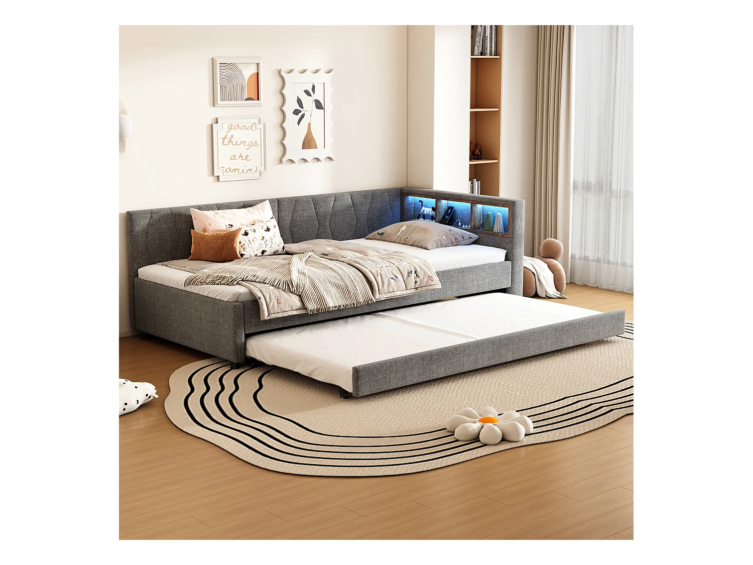 Lit gigogne 90x200 cm - Lit enfant avec éclairage LED et recharge USB - rangements ouverts - lin gris