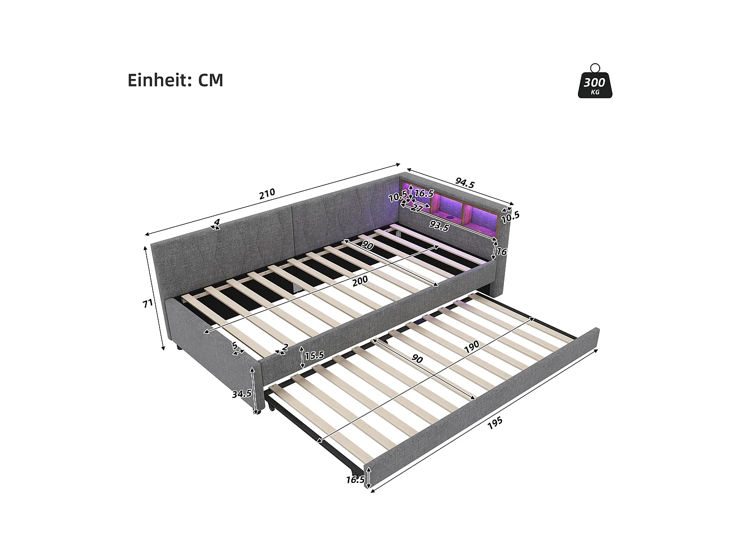 Lit gigogne 90x200 cm - Lit enfant avec éclairage LED et recharge USB - rangements ouverts - lin gris