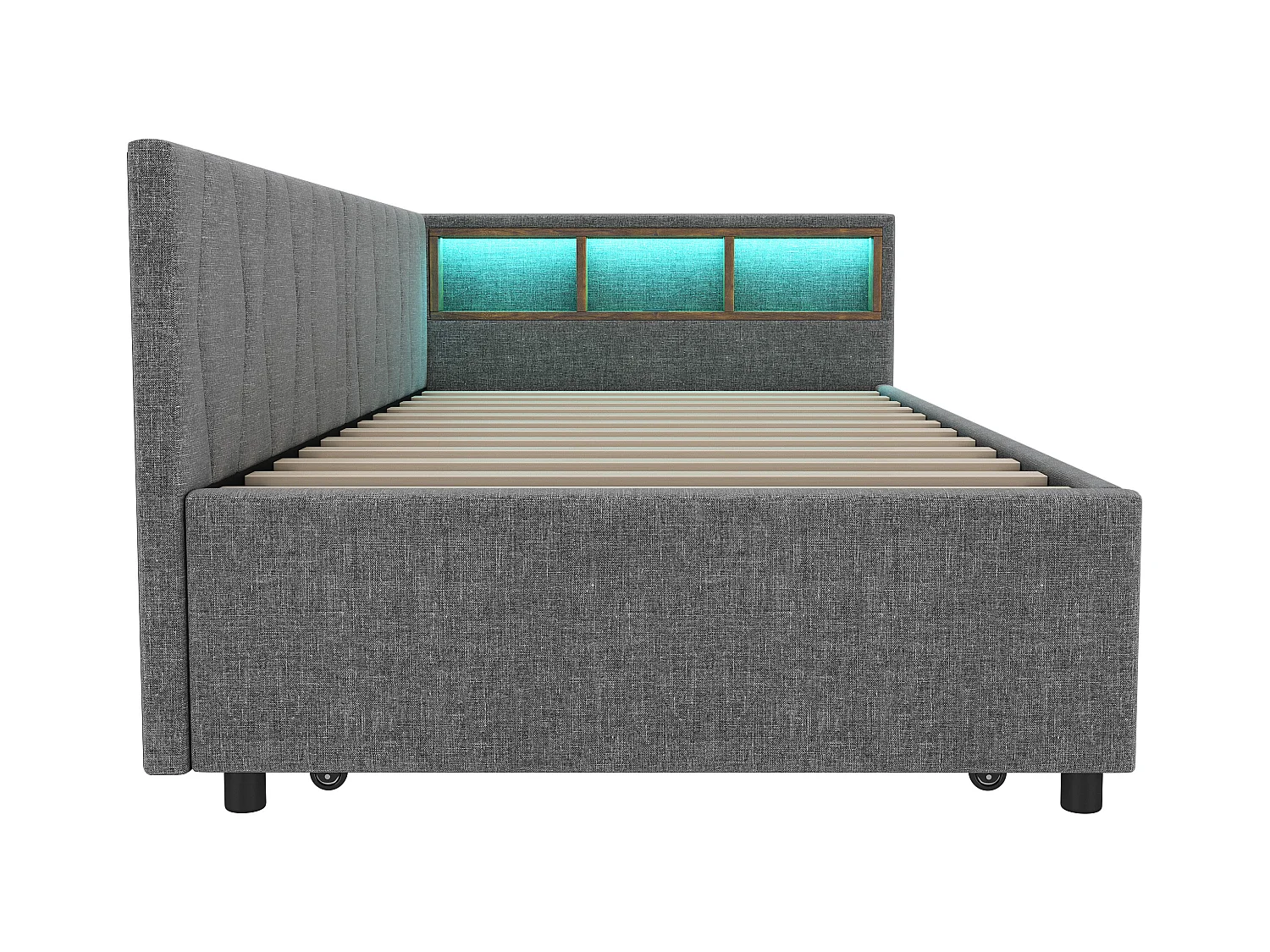 Lit gigogne 90x200 cm - Lit enfant avec éclairage LED et recharge USB - rangements ouverts - lin gris