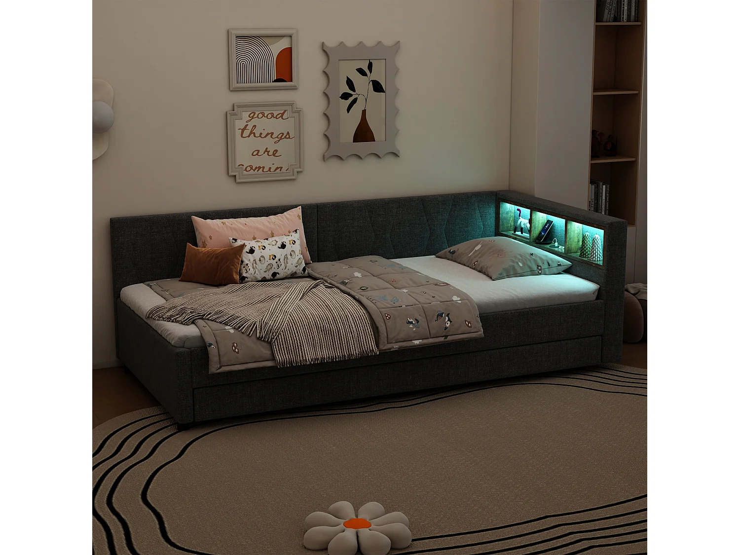 Uitschuifbed 90x200 cm - Kinderbed met LED-verlichting en USB-oplader - open opbergruimte - grijs linnen