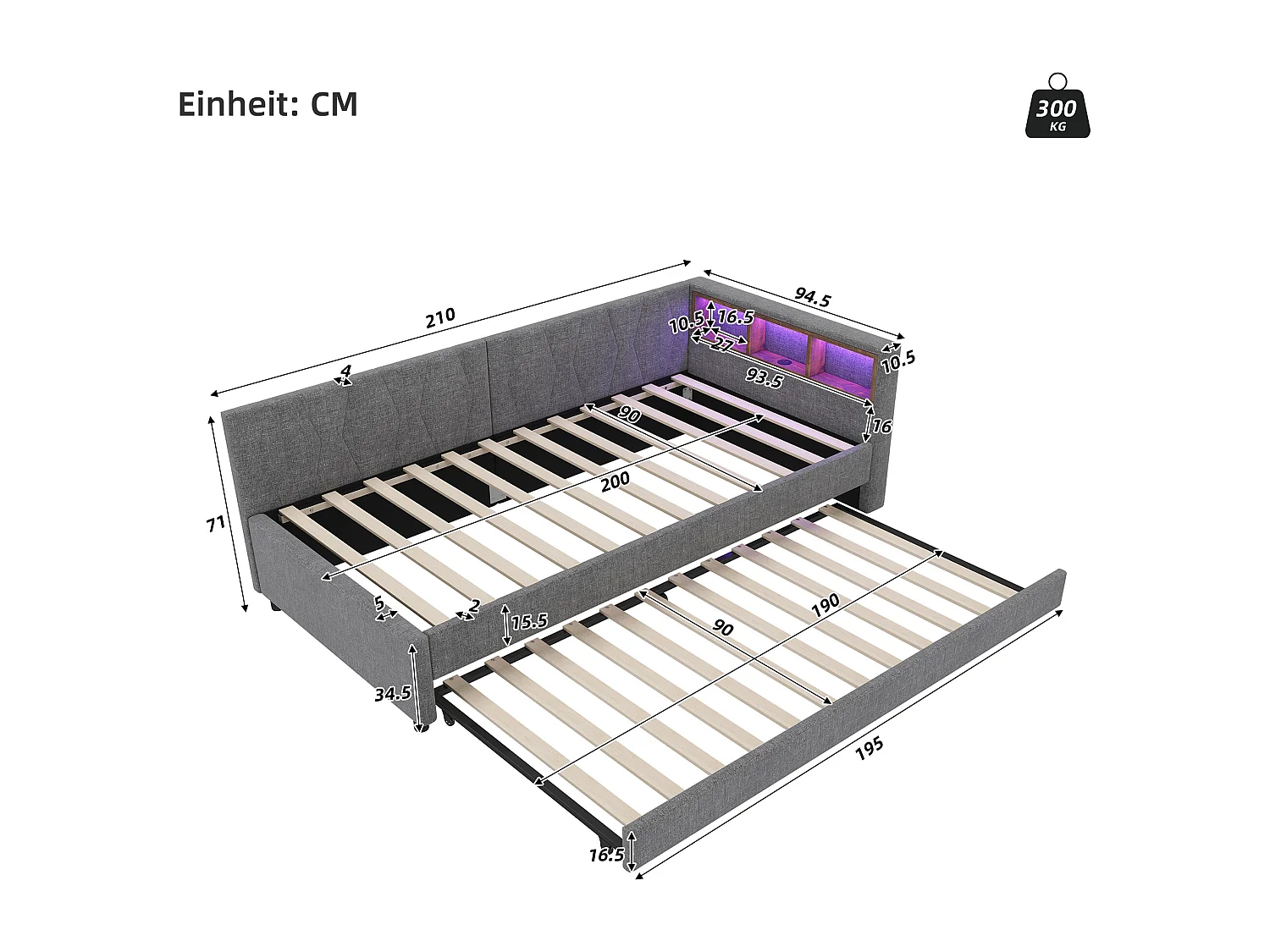 Uitschuifbed 90x200 cm - Kinderbed met LED-verlichting en USB-oplader - open opbergruimte - grijs linnen