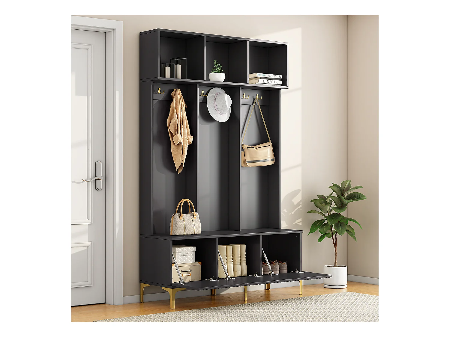 Vestiaire noir - Porte manteau avec 6 crochets dorés et 3 portes - banc de rangement et 3 compartiments ouverts