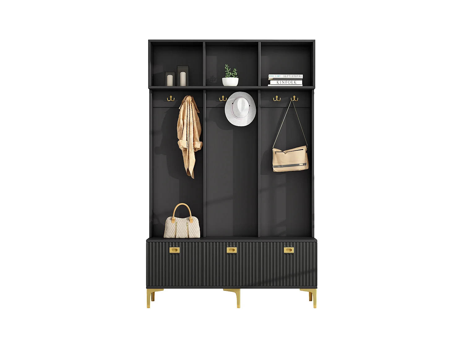 Vestiaire noir - Porte manteau avec 6 crochets dorés et 3 portes - banc de rangement et 3 compartiments ouverts