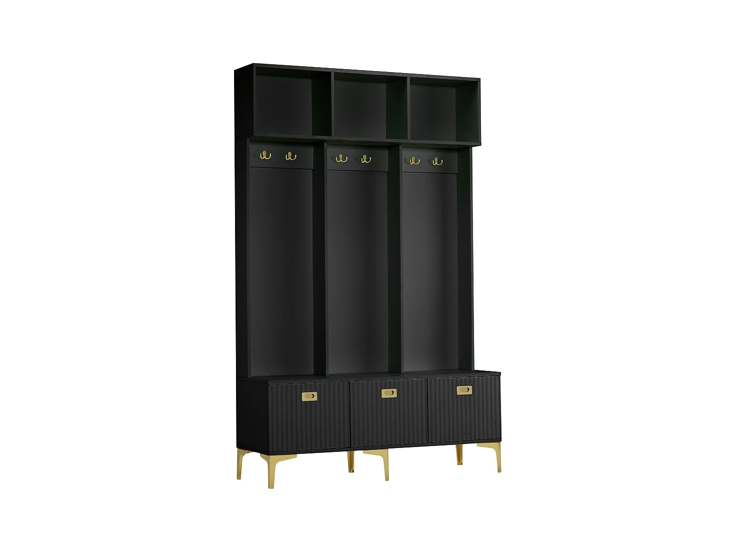 Vestiaire noir - Porte manteau avec 6 crochets dorés et 3 portes - banc de rangement et 3 compartiments ouverts