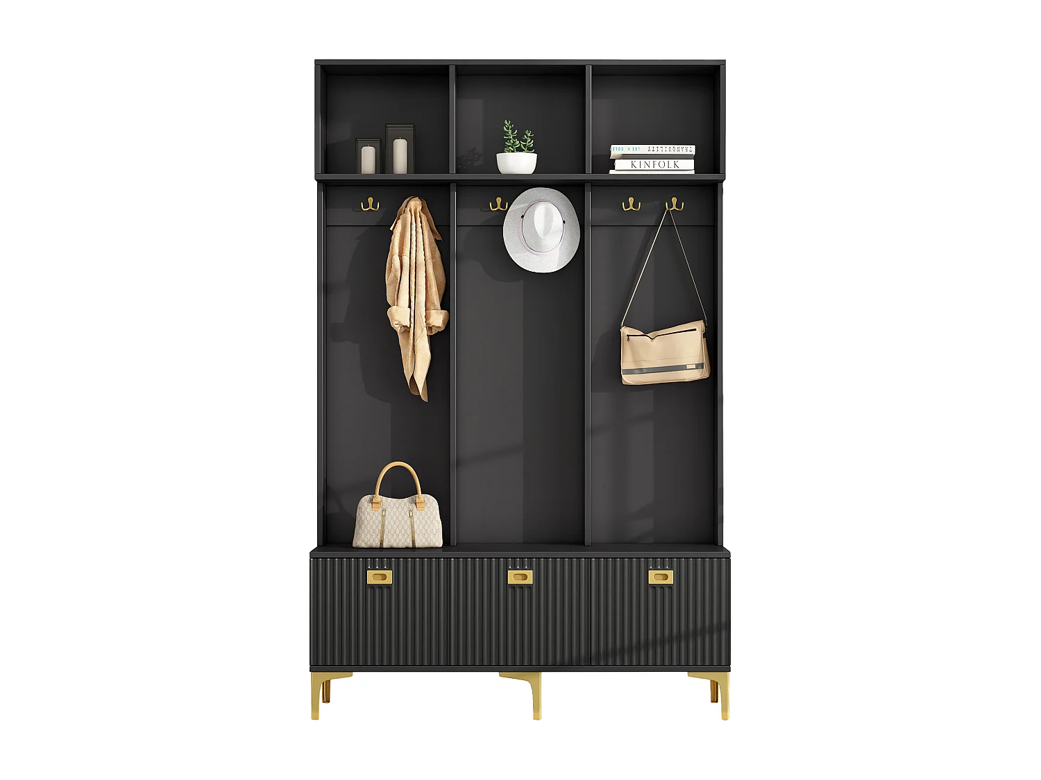 Appendiabiti nero con 6 ganci dorati e 3 ante - panca contenitore e 3 scomparti aperti
