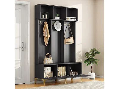 Vestiaire noir - Porte manteau avec 6 crochets dorés et 3 portes - banc de rangement et 3 compartiments ouverts