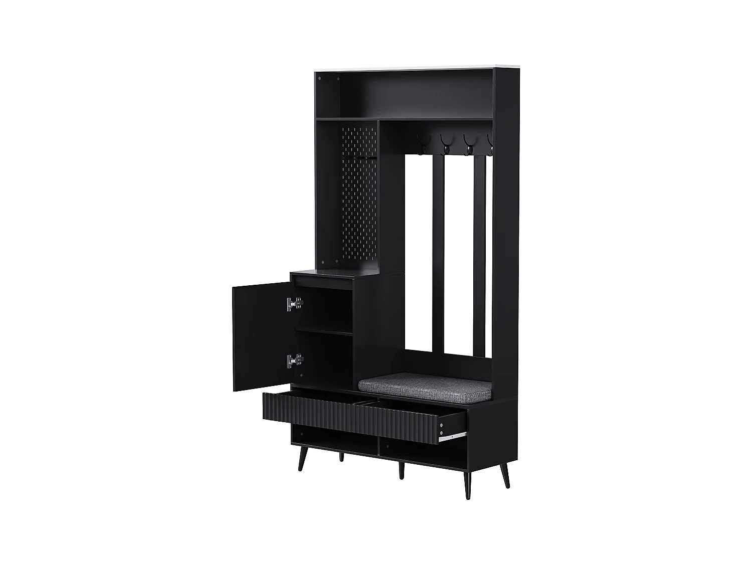 Spind mit 2 Schubladen und 1 Tür - 4 Haken und Schuhbank - schwarz