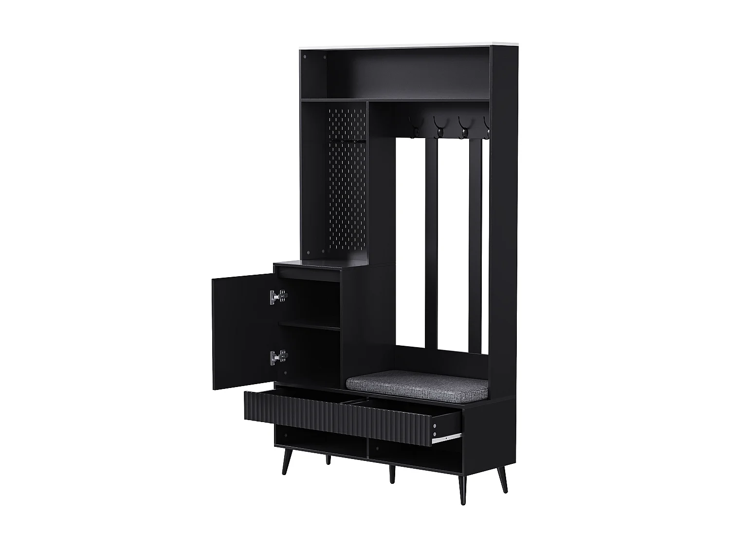 Armadietto con 2 cassetti e 1 anta - 4 ganci e panca portascarpe - nero