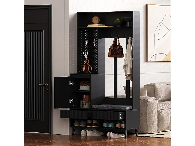 Vestiaire avec 2 tiroirs et 1 porte - 4 patères et banc à chaussures - noir