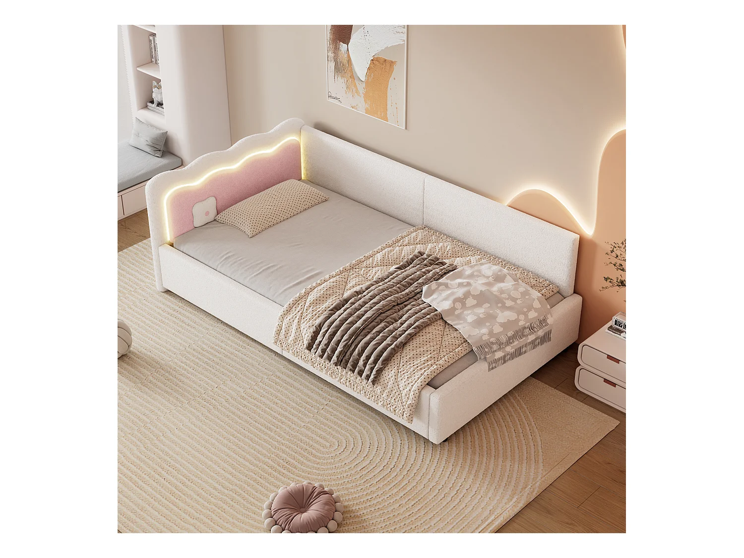 Lit enfant 90x200 cm - Lit ado avec lumière LED et télécommande - velours blanc