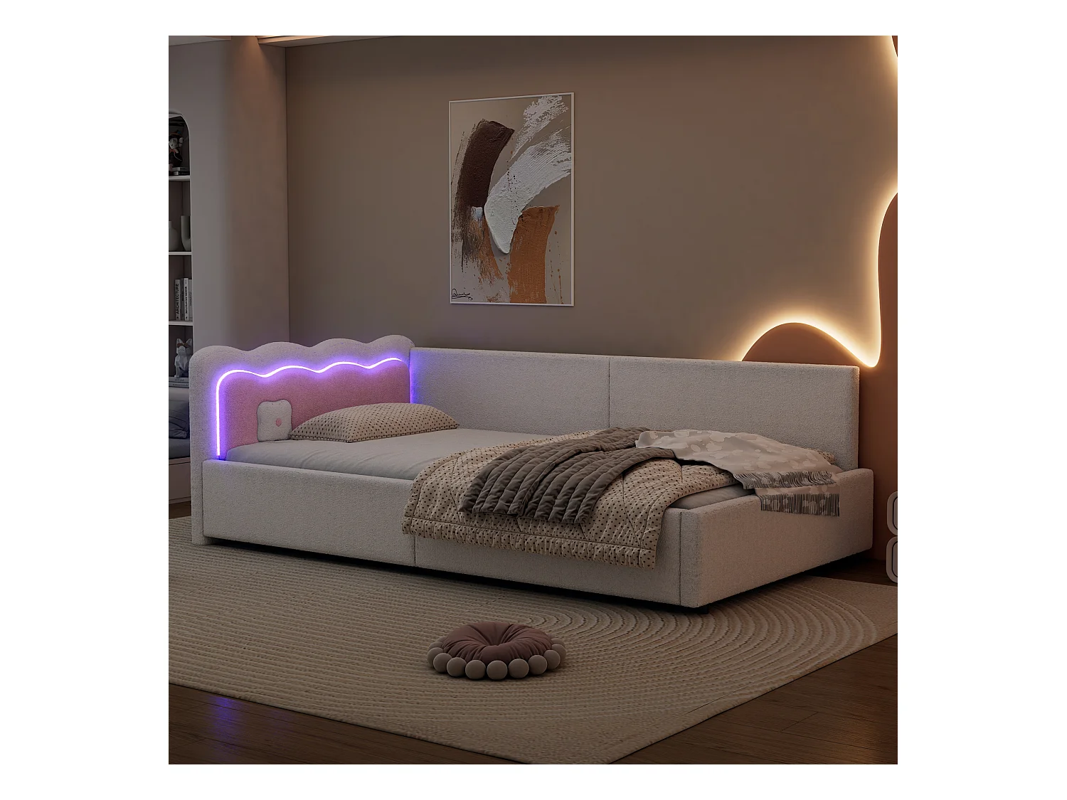 Lit enfant 90x200 cm - Lit ado avec lumière LED et télécommande - velours blanc