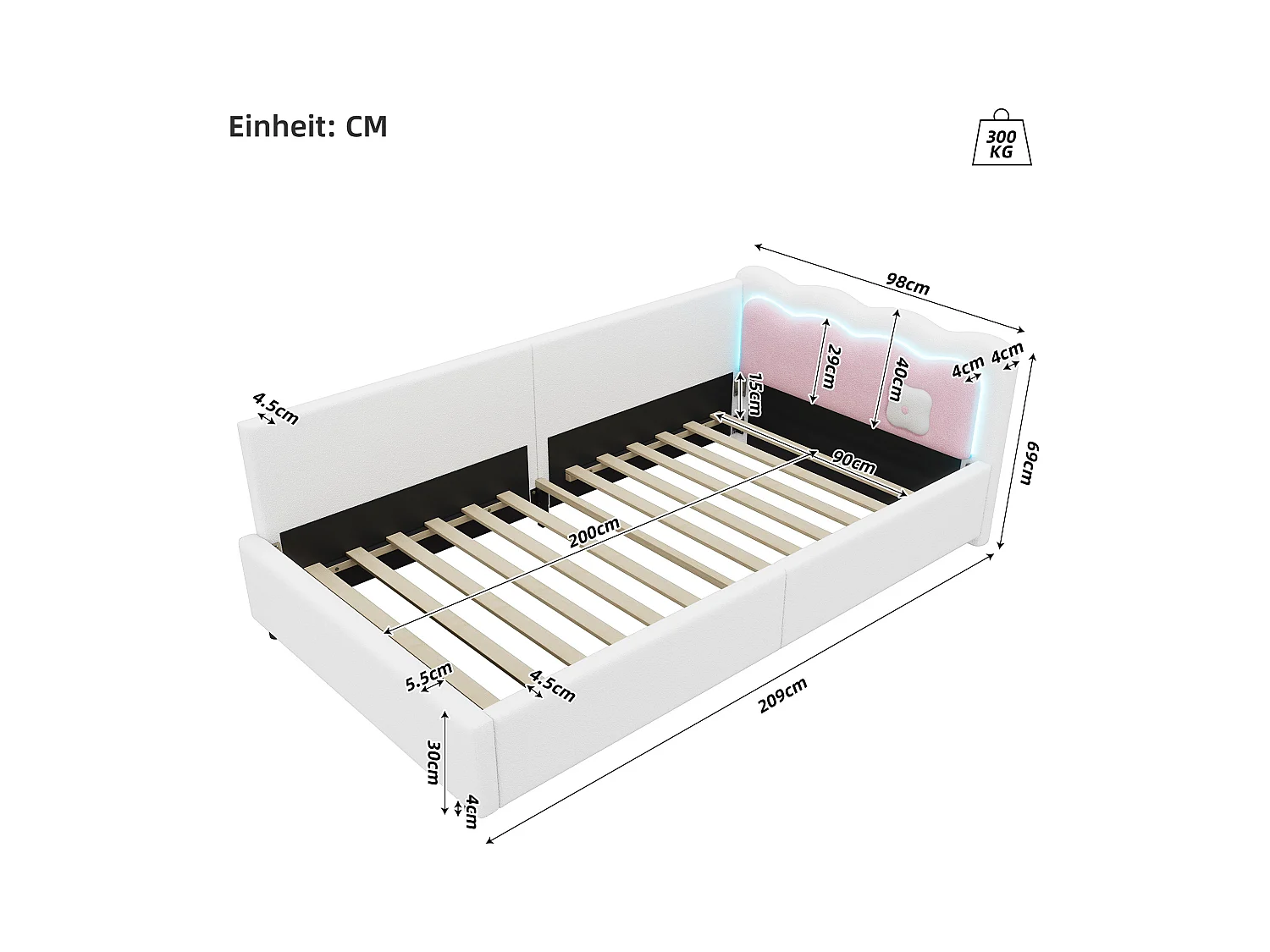 Lit enfant 90x200 cm - Lit ado avec lumière LED et télécommande - velours blanc