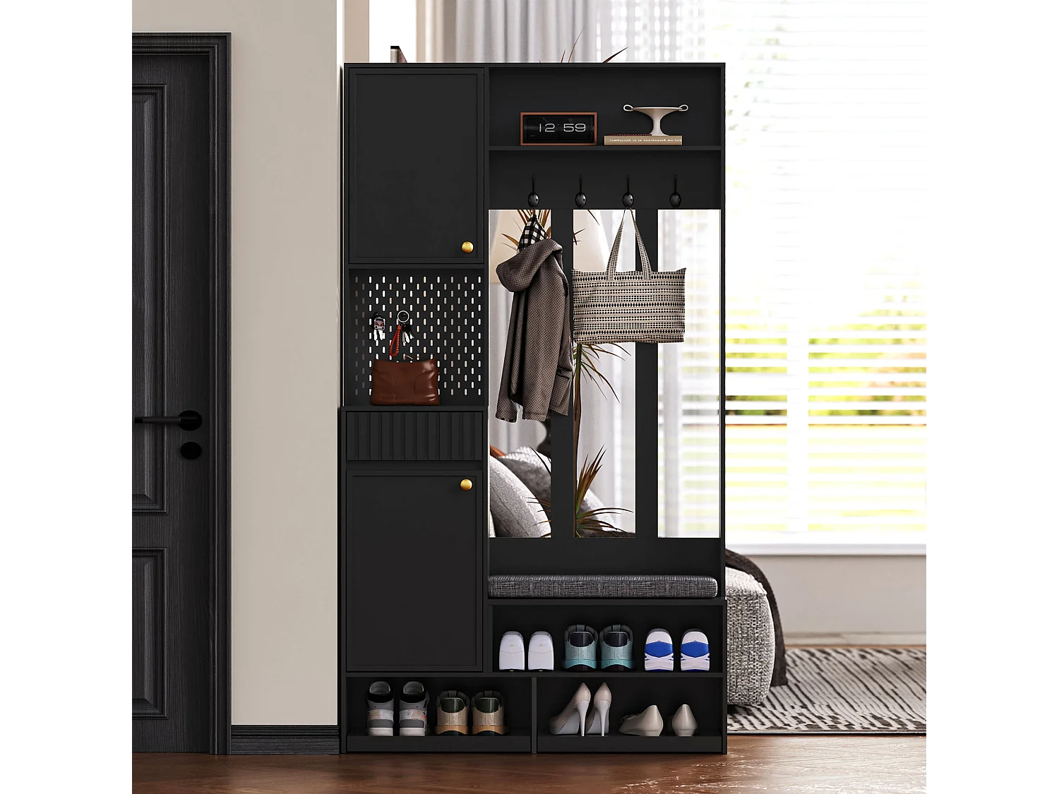 Vestiaire avec 2 portes et 1 tiroir - 4 crochets et 5 compartiments ouverts - noir