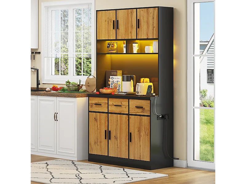 Schwarzes hohes Sideboard - Sideboard mit 6 Türen und 3 Schubladen - LED-Licht und USB-Ladefunktion - für Küche und Esszimmer