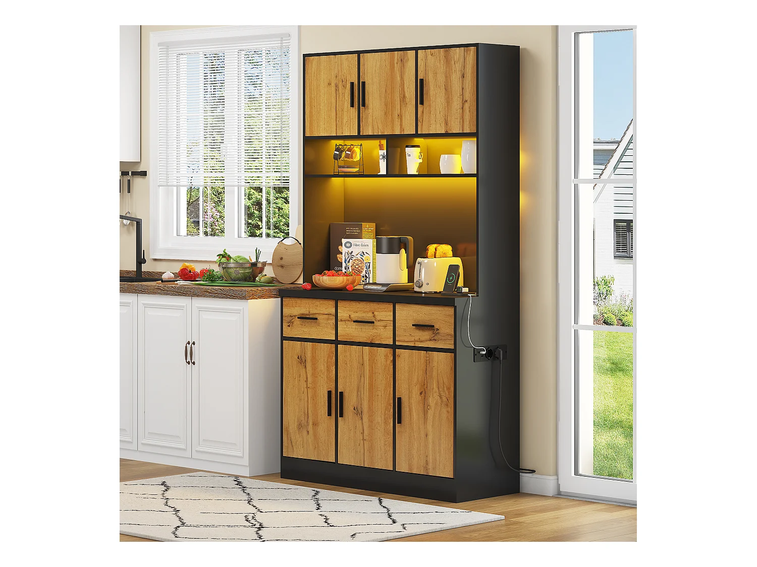 Buffet haut noir - Buffet avec 6 portes et 3 tiroirs - lumière LED et chargement USB - pour cuisine et salle à manger