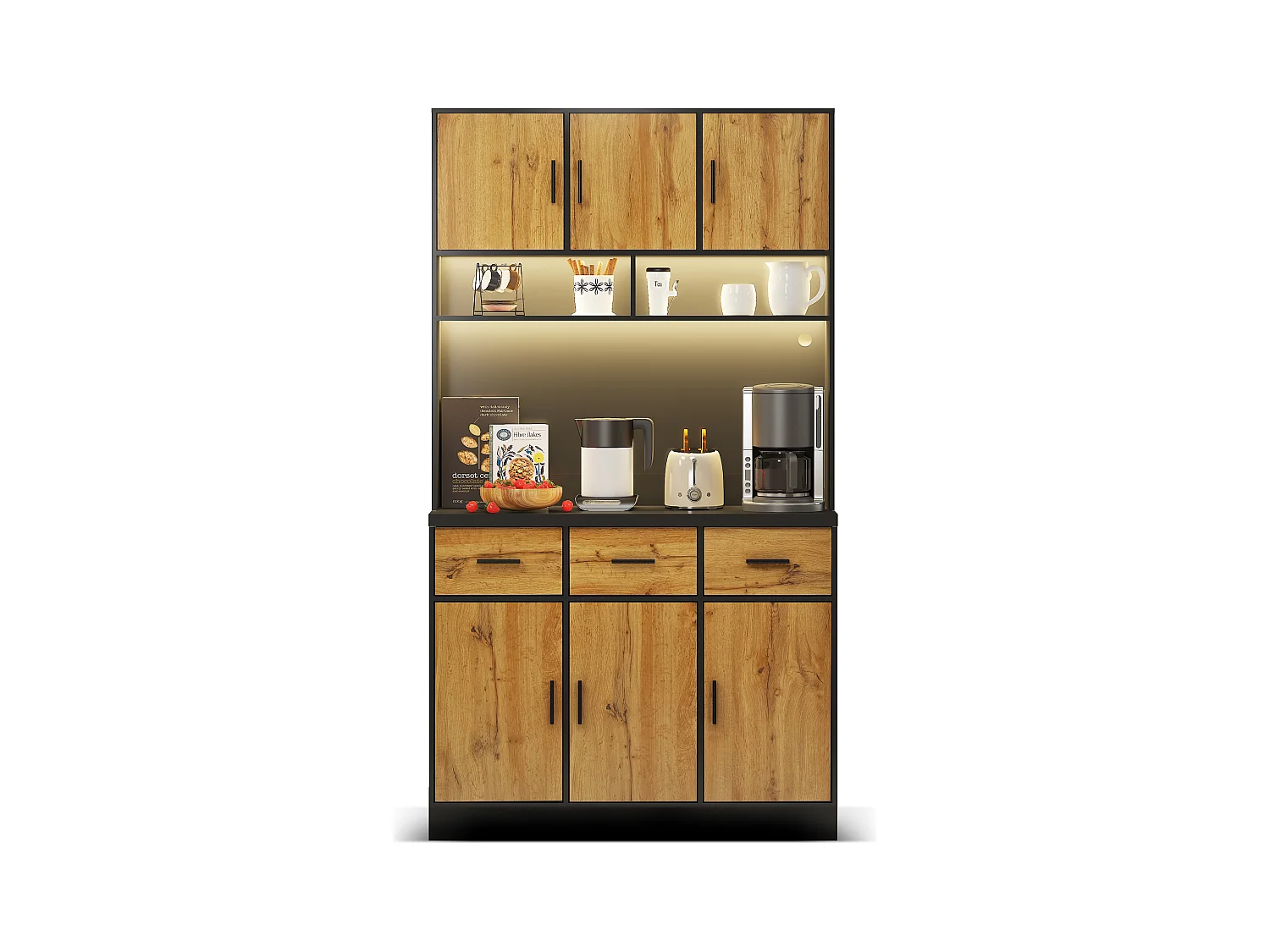 Buffet haut noir - Buffet avec 6 portes et 3 tiroirs - lumière LED et chargement USB - pour cuisine et salle à manger