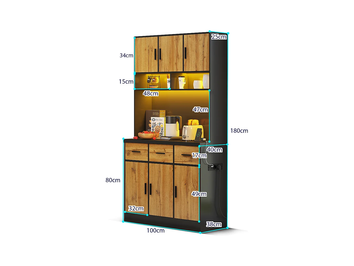 Buffet haut noir - Buffet avec 6 portes et 3 tiroirs - lumière LED et chargement USB - pour cuisine et salle à manger