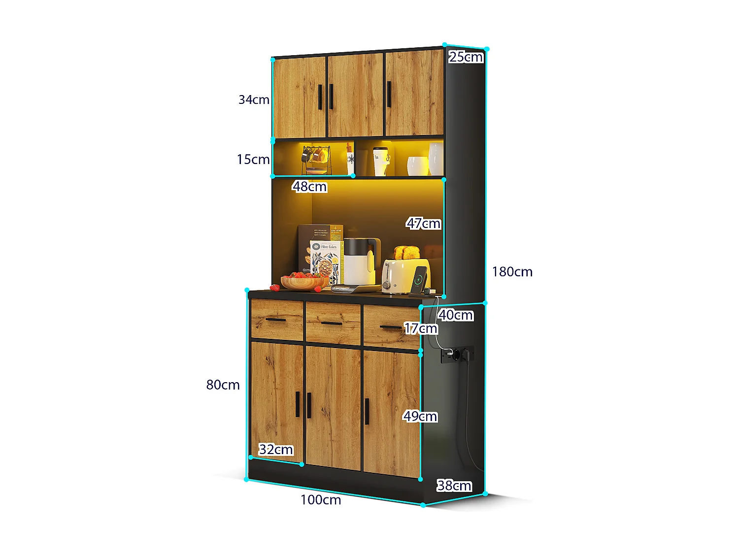 Aparador alto negro - Aparador con 6 puertas y 3 cajones - Luz LED y carga USB - para cocina y comedor