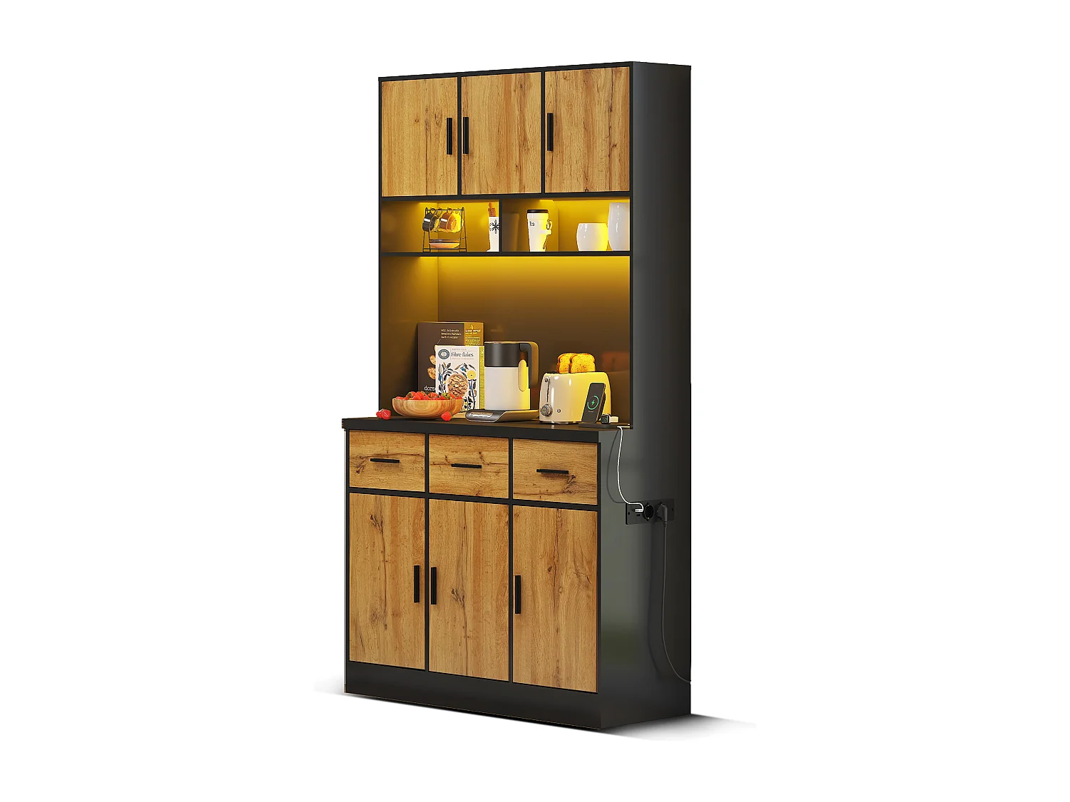 Aparador alto negro - Aparador con 6 puertas y 3 cajones - Luz LED y carga USB - para cocina y comedor