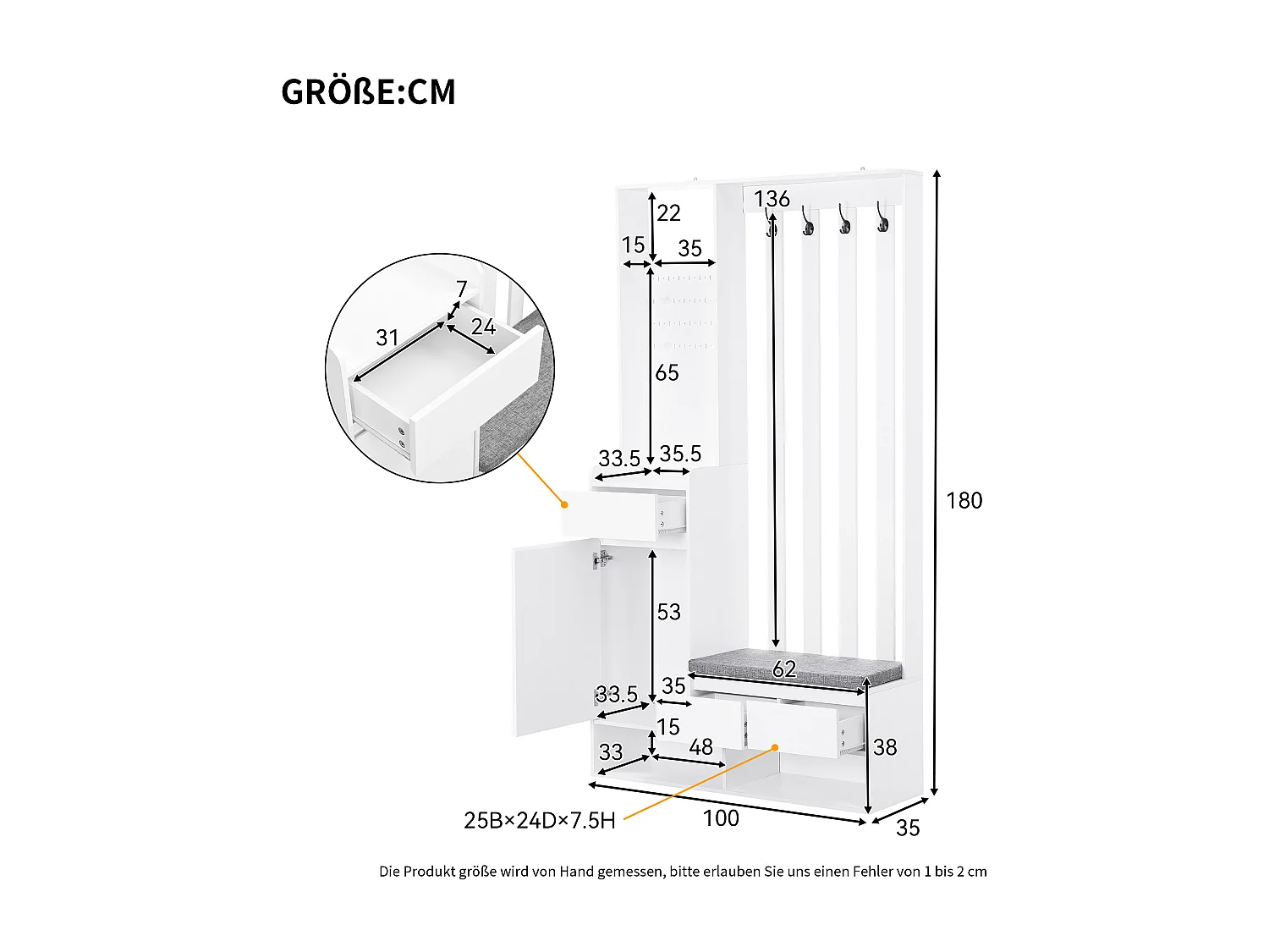 Armadio bianco - Appendiabiti con 3 cassetti e 1 anta - 4 ganci e 3 vani aperti