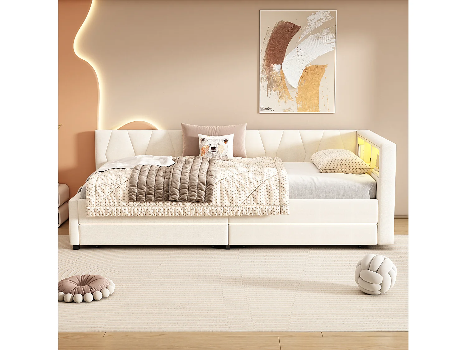 Lit enfant 90x200 cm - Lit simple avec 2 tiroirs et rangement de chevet - éclairage LED et chargement USB - beige