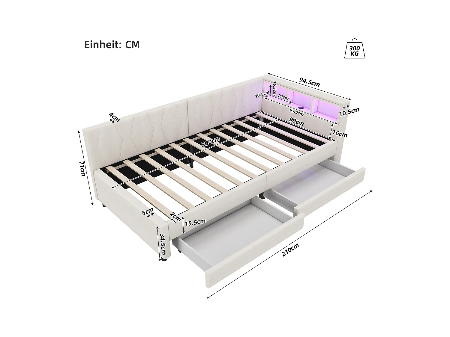 Lit enfant 90x200 cm - Lit simple avec 2 tiroirs et rangement de chevet - éclairage LED et chargement USB - beige