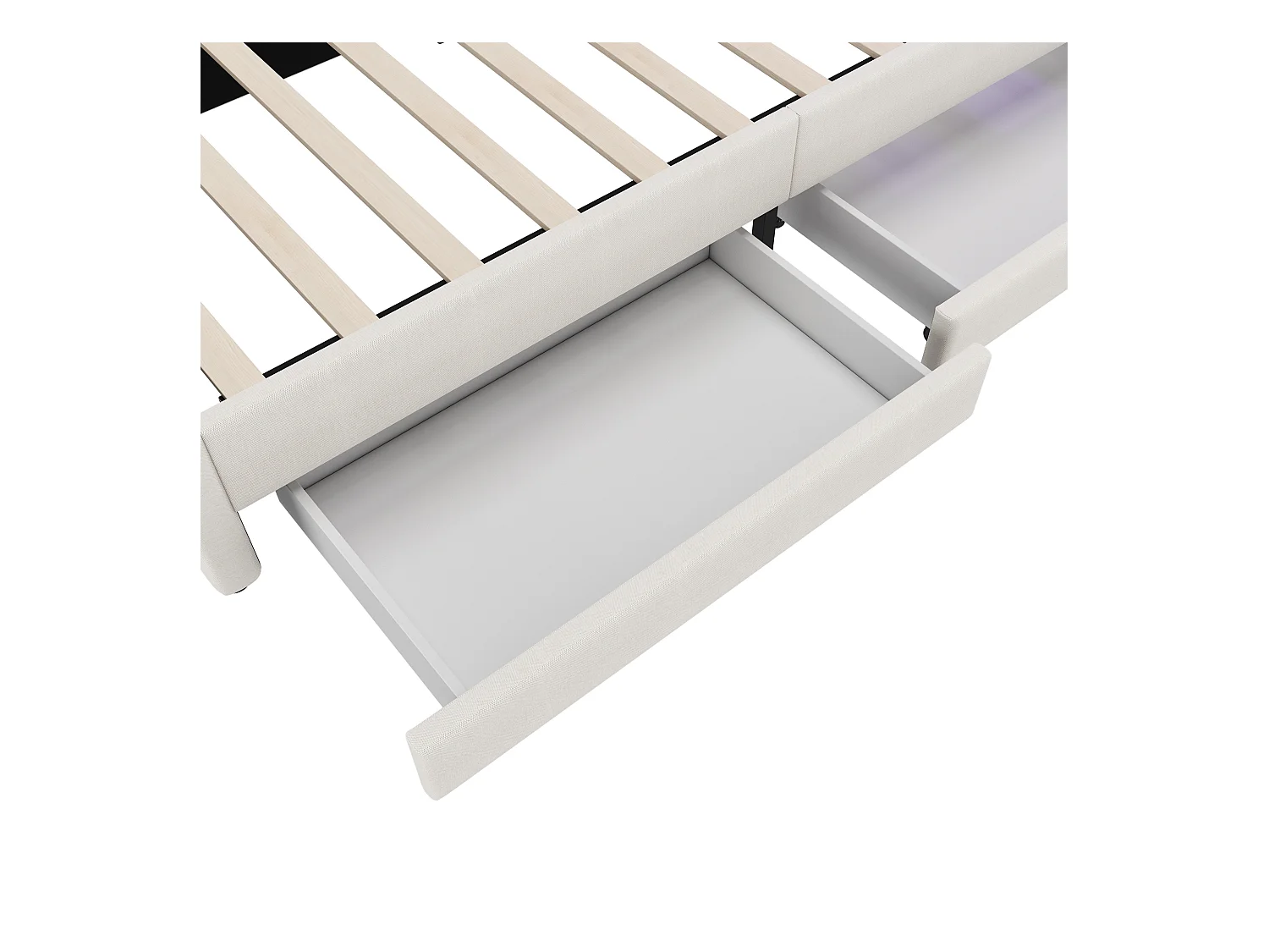 Lit enfant 90x200 cm - Lit simple avec 2 tiroirs et rangement de chevet - éclairage LED et chargement USB - beige
