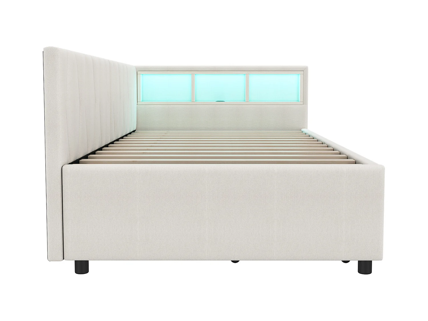 Lit enfant 90x200 cm - Lit simple avec 2 tiroirs et rangement de chevet - éclairage LED et chargement USB - beige