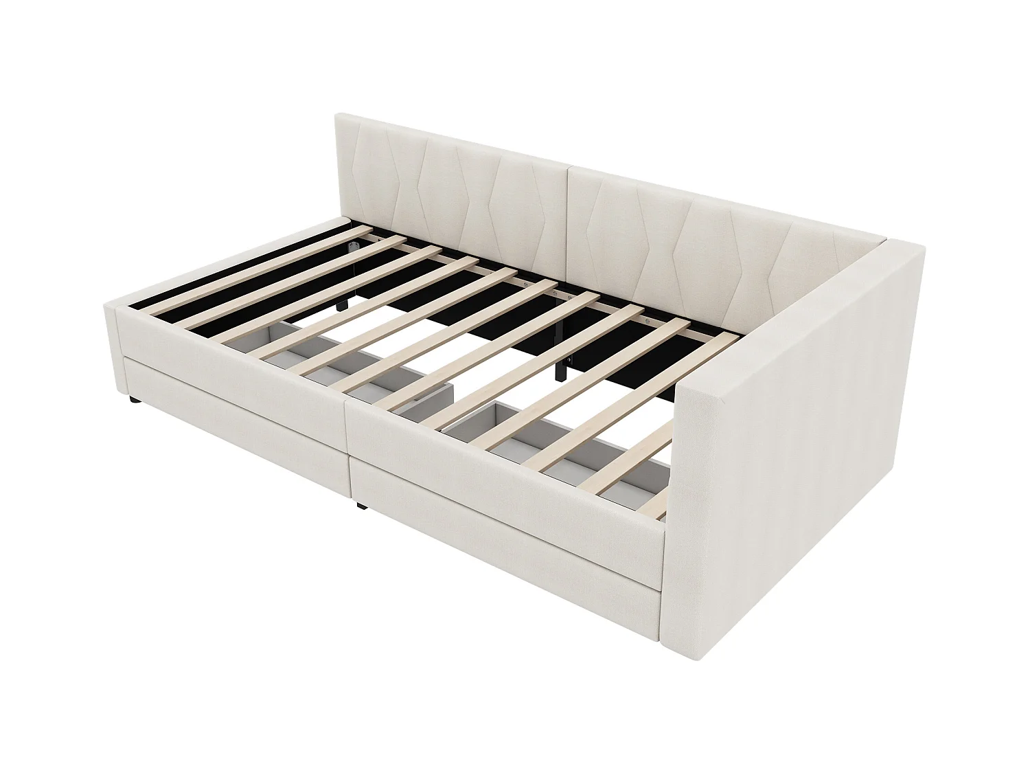 Lit enfant 90x200 cm - Lit simple avec 2 tiroirs et rangement de chevet - éclairage LED et chargement USB - beige