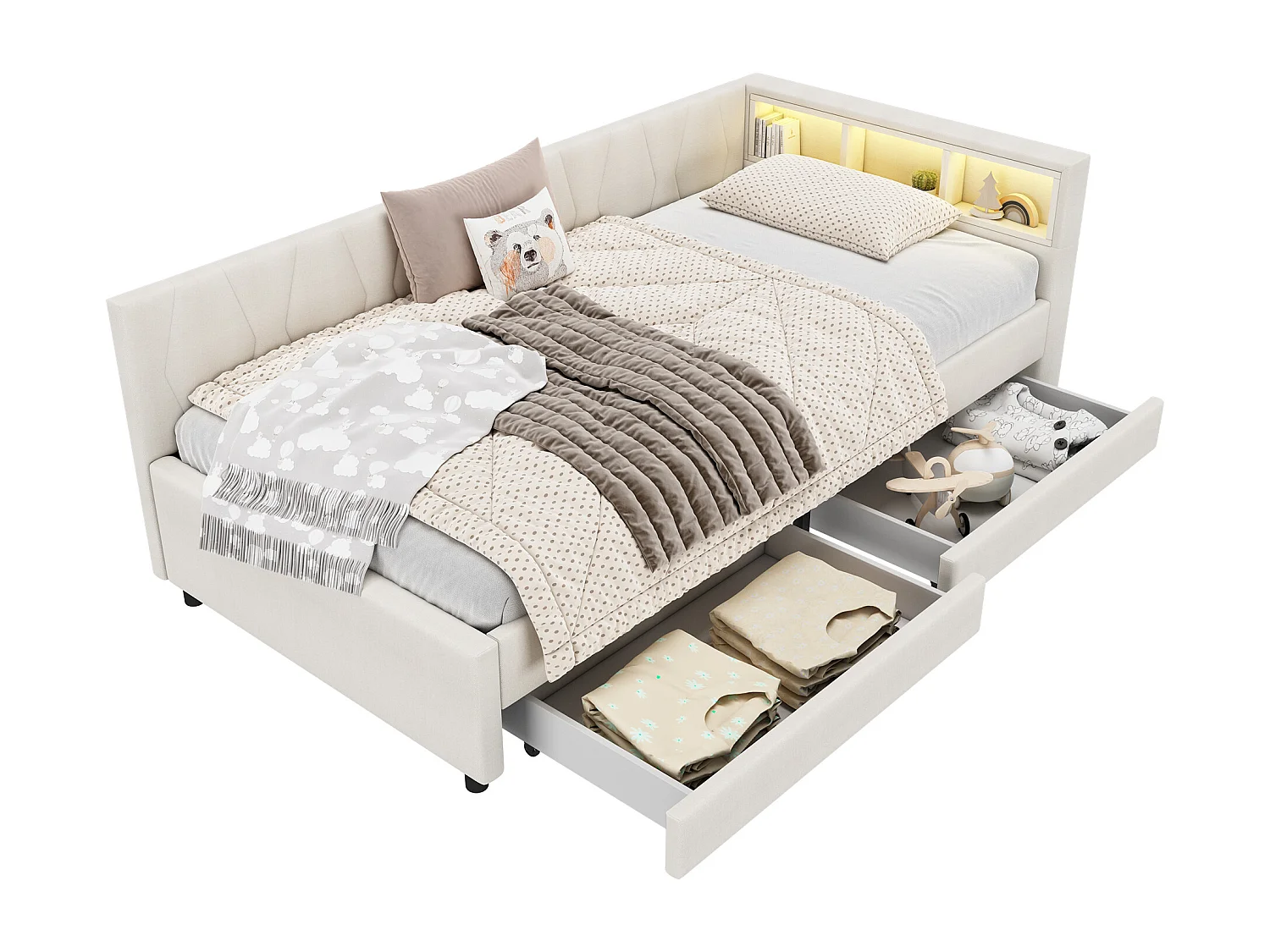 Kinderbed 90x200 cm - Eenpersoonsbed met 2 lades en nachtkastjes - LED-verlichting en USB-oplader - beige