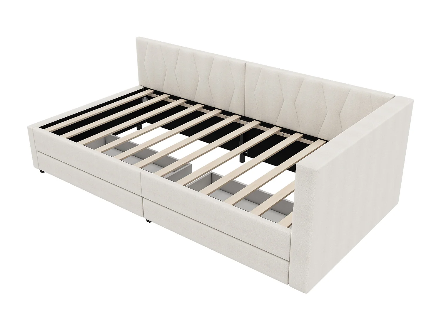 Kinderbed 90x200 cm - Eenpersoonsbed met 2 lades en nachtkastjes - LED-verlichting en USB-oplader - beige