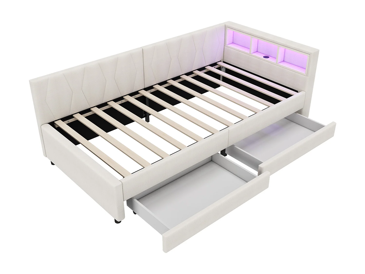 Kinderbed 90x200 cm - Eenpersoonsbed met 2 lades en nachtkastjes - LED-verlichting en USB-oplader - beige