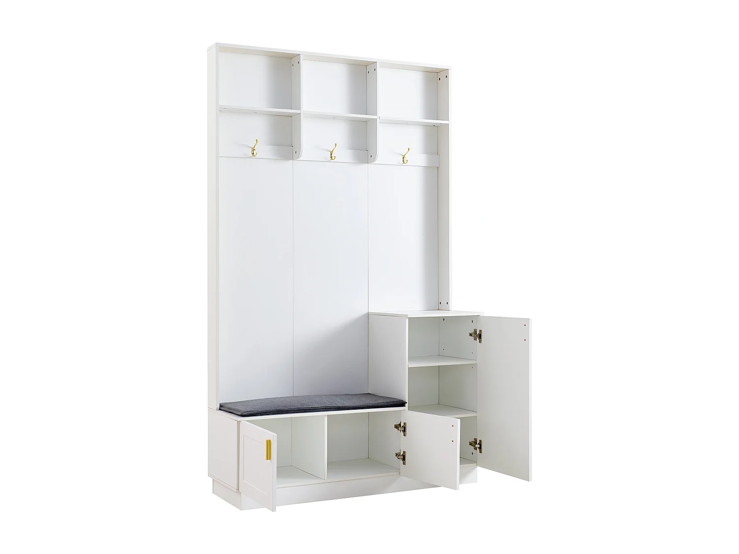 Witte garderobe - Kapstok met 3 haken en 3 deuren - opbergbank en 3 open opbergvakken